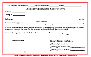 Vermont Acknowledgment Notarial Certificate Pad